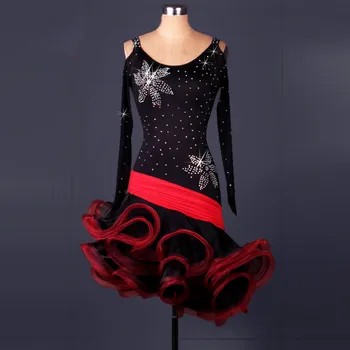 Нова рокля за латино танци с дълъг ръкав и деколте от планински кристал, Женски Танцов костюм за състезания по Салса в едно цвете, рокля за Ча-Ча-ча