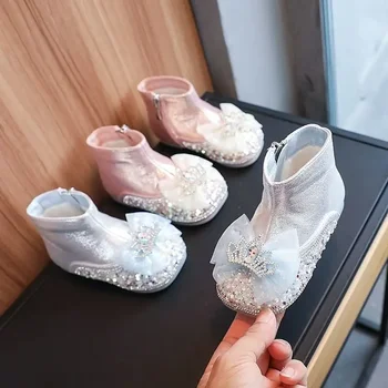 Нови обувки на принцесата за момичета Disney Frozen Elsa; Детски Стъклени чехли; модни памучни обувки с лък в стил Kawai; Обувки за детски танци;