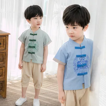 Ново момче в китайски стил Традиционен детски костюм Hanfu с винтажными бутони на Древния Тана, комплект от две части, детски cosplay, костюм за ролеви игри