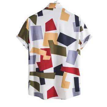 Новост лятото, Мъжка риза с геометричен дизайн-Къс ръкав, на ревера, Плажни и Ежедневни Свободна Однобортная Празнична дрехи, Мъжки s