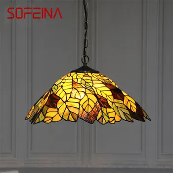 Окачен лампа SOFEINA Tiffany Glass LED с творчески шарките на листата, Окачена лампа за дома, трапезария, спалня, хотел