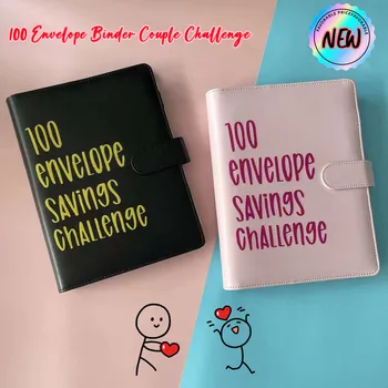 Папка за спестявания за notepad Couple Challenge Събитие на 100 пликове, топла разпродажба, папка, за да бележник от изкуствена кожа, Пликове за пари, за да бележника
