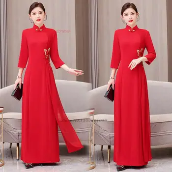 подобрени китайски реколта рокли 2024 г., националната цветна бродерия чонсам, банкет източното ципао, елегантна вечерна рокля