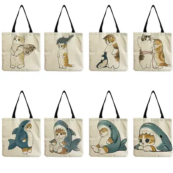 Преносима дългогодишна чанта-тоут Голям капацитет, чанта през рамо с принтом сладък акули и котките, жените адаптивни чанта за пазаруване, чанта за пътуване