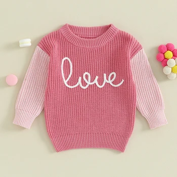 Пуловер за малки момчета и момичета с бродерия във формата на сърце, кръгла силует, пуловери с дълги ръкави, Облекло за Свети Валентин за деца