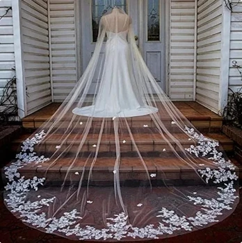 Реална снимка 3 м 4 м, 5 м слой сватбена рокля, гребен бяла лейси було слонова кост апликация тайнството на сватбена рокля.