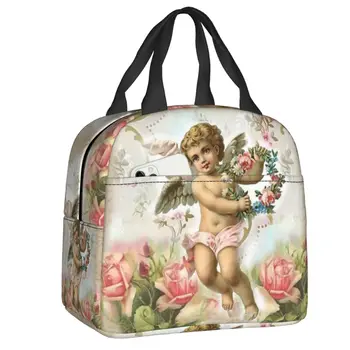 Реколта Розова чанта за обяд във викториански стил Angel, Мъжки и Дамски чанти-хладилник, термоизолированный Обяд-бокс за деца, ученически Работни чанти за пикник, чанти за хранене