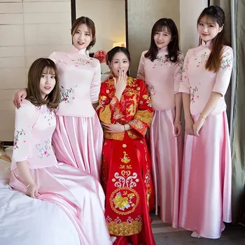 сватбена чонсам в традиционен китайски стил за булката облечи шаферките, Древен сватбен костюм, рокля, дамски дрехи Qipao S-XXL