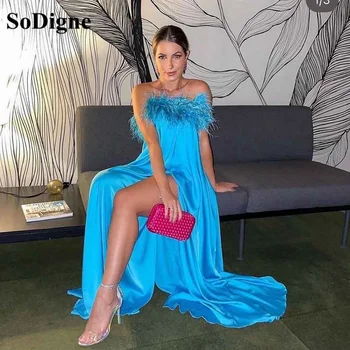 Секси вечерна рокля SoDigne Blue vestidos de fiesta 2023 с цепка отстрани от лек сатен с пера, вечерна рокля знаменитост