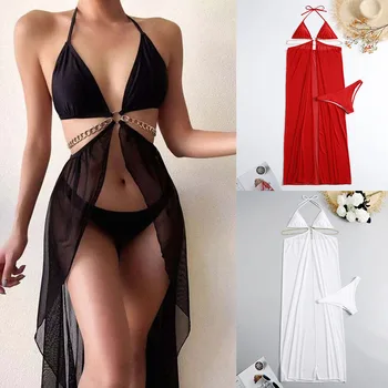 Секси Дълга рокля-саронг, бански костюми, женски сутиен на спагети презрамки, плажно облекло с джапанки, комплект от 2 теми, бикини 2023, бански костюми, тоалети