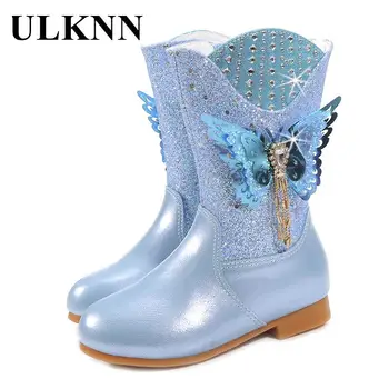 Сини обувки за момичета, детски Зимни обувки, Нови детски обувки с кристали и папийонка, Синята детски обувки Cuhk