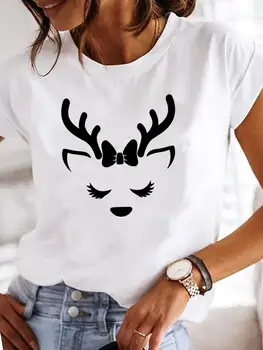 Скъпа дамски модни коледна тениска с изображение на елен и писмото принтом, Дрехи с къс ръкав, Празнична риза, Дамски Коледни тениски с графичен дизайн