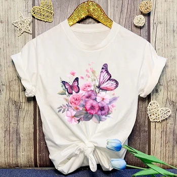 Тениска с удоволствие цветя и пеперуди, Дамски Свободна тениска с къс ръкав и кръгло деколте, Дамски ежедневни риза, тениски