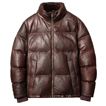 Тъмно кафяв Зимна кожена пуховик в разговорния стил, голям размер 5XL, естествена дебела овча кожа, топло палто от естествена кожа