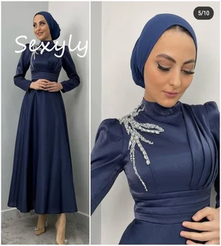 Тъмно синя вечерна рокля от Турция 2023 с дълъг ръкав Трапецовидна форма, Мюсюлмански Къса рокля за абитуриентски бал с дължина до чай, вечерна рокля за официални събития, расшитое мъниста
