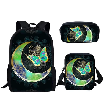 Ученически чанти с принтом Мандала, пеперуди и Луната, 3 комплекта за момчетата-тийнейджъри, всекидневни раница за момичета, чанта за книги 