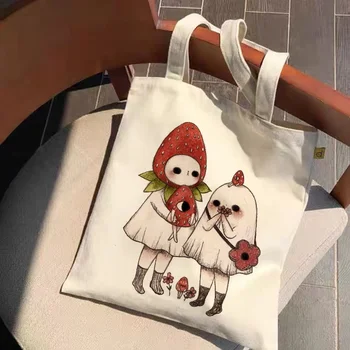 Холщовая чанта със сладки анимационни принтом, холщовая чанта с голям капацитет, бяла ежедневна чанта през рамото си, екологично чист пазарска чанта за момичета