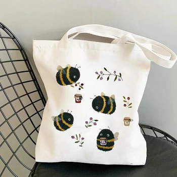 Холщовая чанта-тоут, пазарска чанта, дамски чанти 2023, дамски модни ежедневни чанти през рамо със сладък пчелен печат с голям капацитет